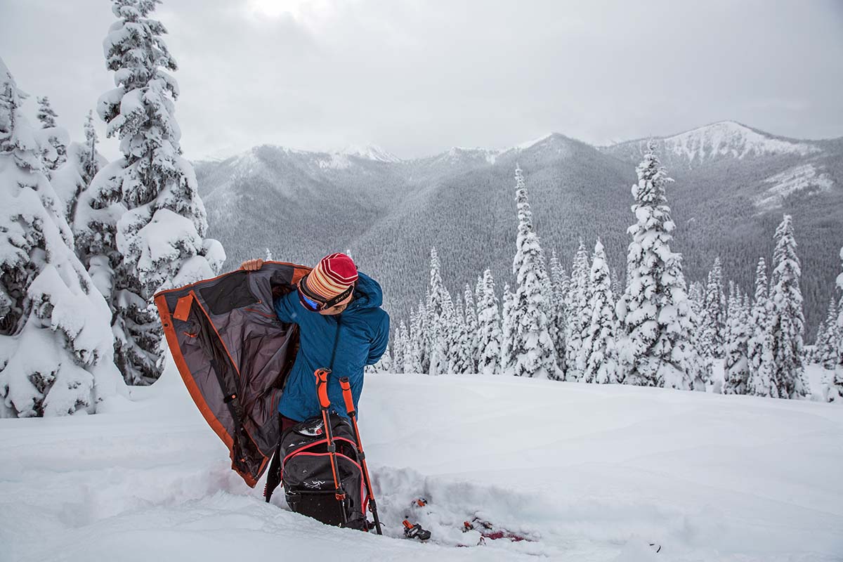 Transitioning while backcountry skiing (Arc'teryx Voltair avalanche airbag backpack)